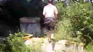Girl poops on a cement block