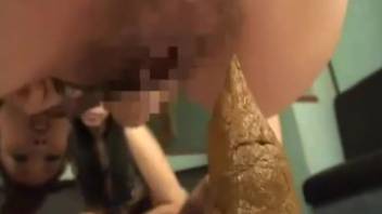 Asian chick shits in the dude's mouth
