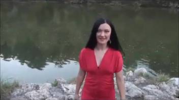 Female urinating in stagnant pool